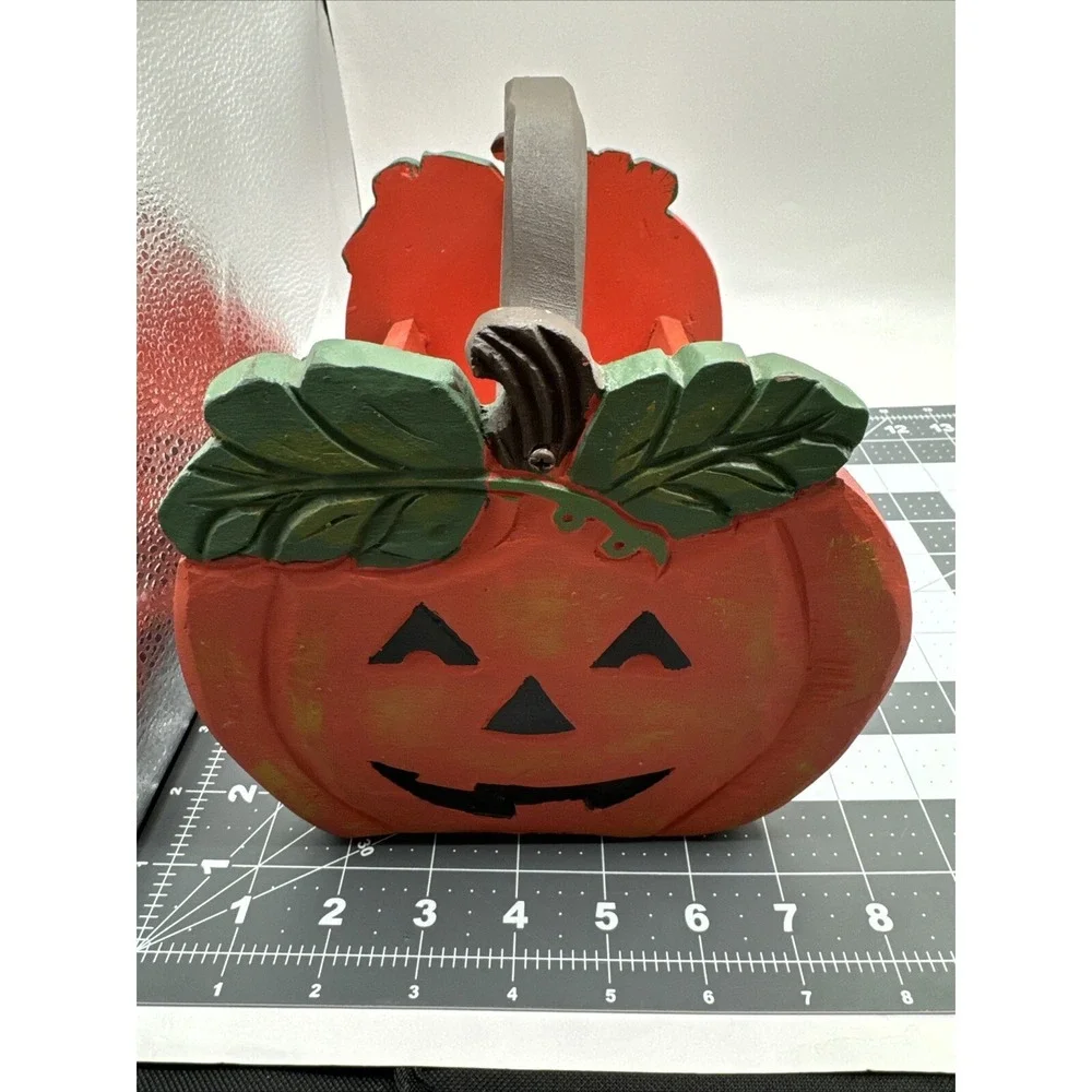 Pumpkin Wood Caddy Halloween Decor Orange Checkered Folk Art Hand Painted